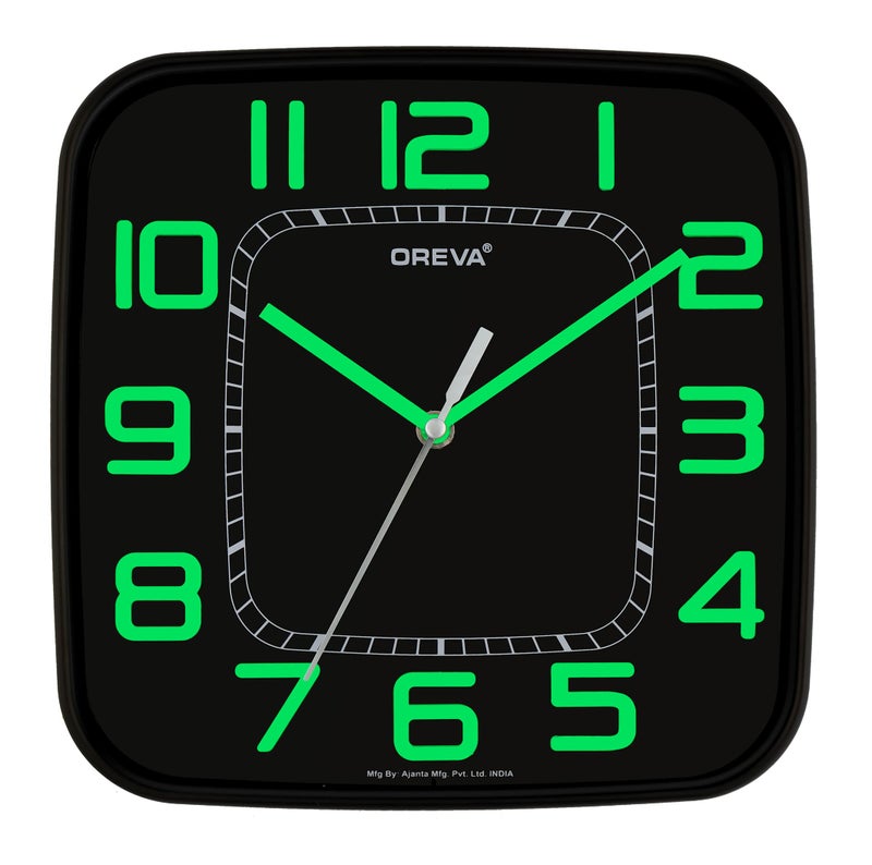 OREVA Plastic Designer Sqaure Small Wall Clock with Embossed Numbers (23.1 x 2.3 x 23.1 cm, AQ-5317) (Black Dial-Green) - Image 1