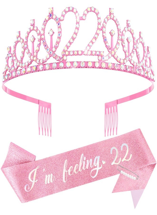Aprince 22nd Pink Birthday Decorations for Her Birthday Sash and Tiara Crown 22 Year Old Gifts Happy 22 Headband Party Favors Supplies - Image 1