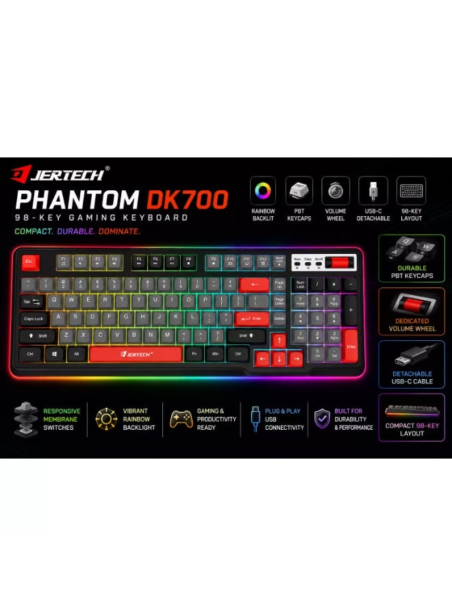 جيرتك لوحة مفاتيح الألعاب DK700 PHANTOM – 98 مفتاحًا، إضاءة خلفية بألوان قوس قزح، أغطية مفاتيح PBT، عجلة تحكم بالصوت، كابل USB-C (رمادي أسود أحمر) - Image 4