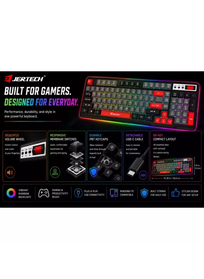 جيرتك لوحة مفاتيح الألعاب DK700 PHANTOM – 98 مفتاحًا، إضاءة خلفية بألوان قوس قزح، أغطية مفاتيح PBT، عجلة تحكم بالصوت، كابل USB-C (رمادي أسود أحمر) - Image 2