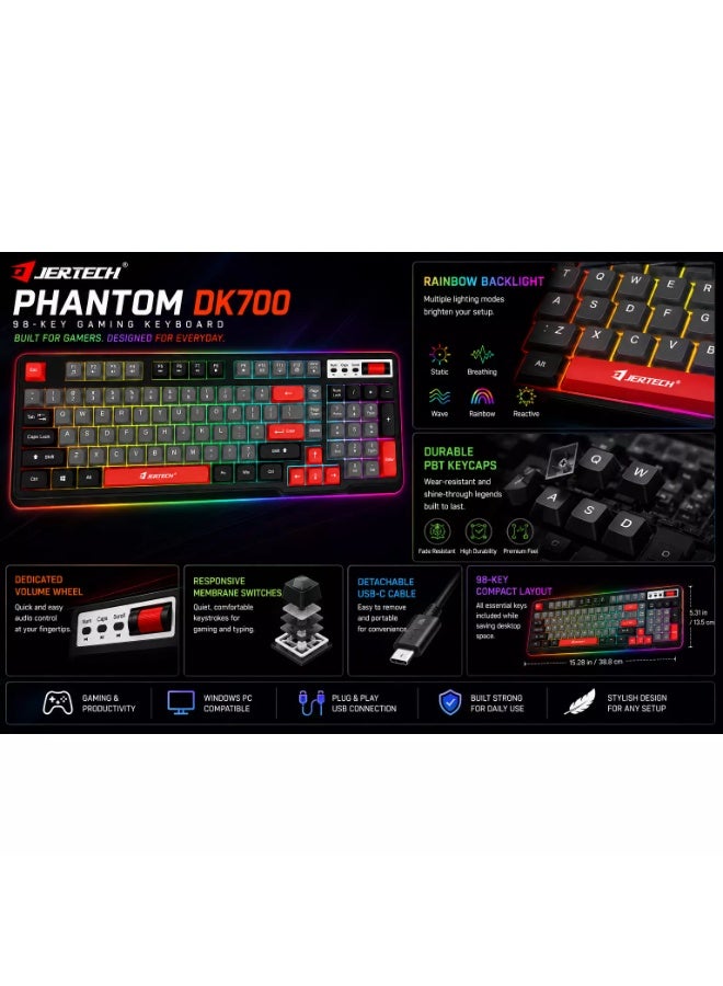 جيرتك لوحة مفاتيح الألعاب DK700 PHANTOM – 98 مفتاحًا، إضاءة خلفية بألوان قوس قزح، أغطية مفاتيح PBT، عجلة تحكم بالصوت، كابل USB-C (رمادي أسود أحمر) - Image 3