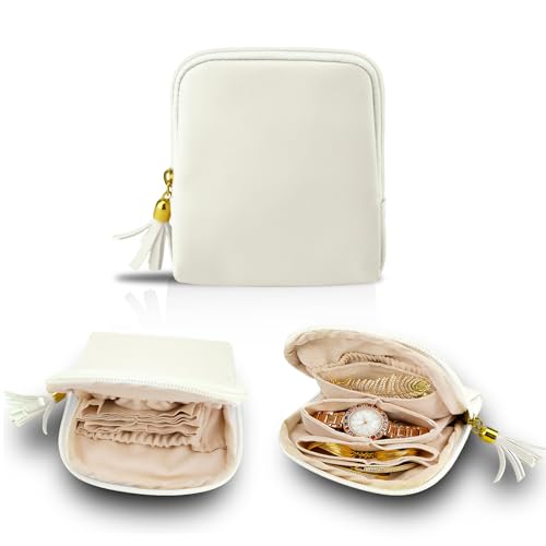 bipkonu Small Travel Jewelry Case, Mothers Day Gifts, Velvet Jewelry Pouch Bags with Tassel Zipper, Portable Travel Jewelry Organizer Storage for Bracelet Rings Earring, Beige - Image 1