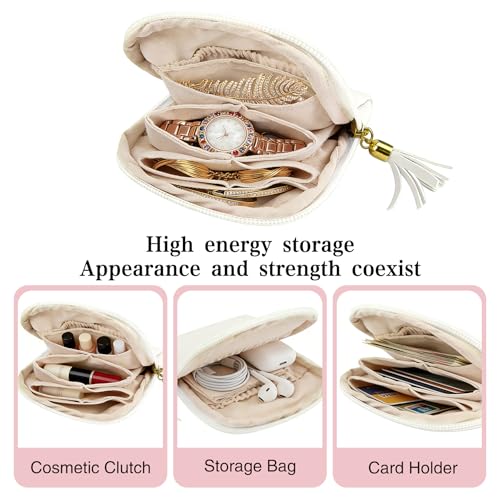 bipkonu Small Travel Jewelry Case, Mothers Day Gifts, Velvet Jewelry Pouch Bags with Tassel Zipper, Portable Travel Jewelry Organizer Storage for Bracelet Rings Earring, Beige - Image 4