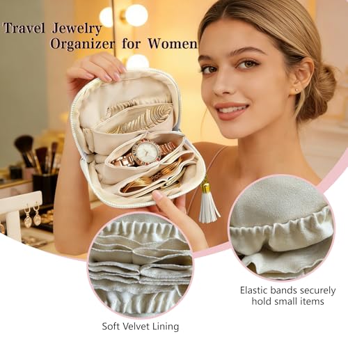 bipkonu Small Travel Jewelry Case, Mothers Day Gifts, Velvet Jewelry Pouch Bags with Tassel Zipper, Portable Travel Jewelry Organizer Storage for Bracelet Rings Earring, Beige - Image 2