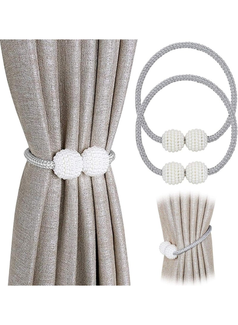 PINOWU [2 Pack] Magnetic Curtain Tiebacks Convenient Drape Tie Backs - Pinowu Pearl Decorative Rope Holdback Holder for Small, Thin or Sheer Window Drapries (Gray) - Image 1