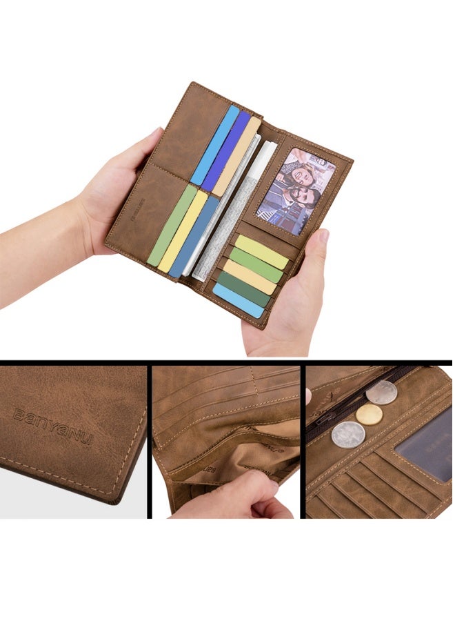 banyanu Men's Long Leather Multi-Card Slim Cowhide Business Money Clip Card Bag, Khaki  - Image 2