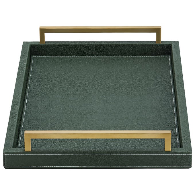 GREEN DECORATIVE SERVING TRAYRECTANGULAR TRAY FOR COFFEE TABLEFAUX LEATHER SERVING TRAY WITH HANDLES FOR OTTOMANSHAGREEN LEATHER TRAY FOR BATHROOM
