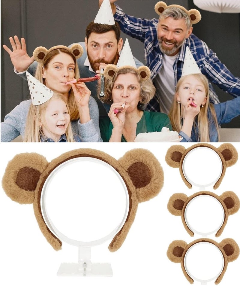 Beviliu 4 Packs Brown Bear Ears Headband Cute Fluffy Ear Hairband Animal Head Wear for Party Cosplay Costume Makeup Washing Face Hair Hoop Adults Women Christmas Gift