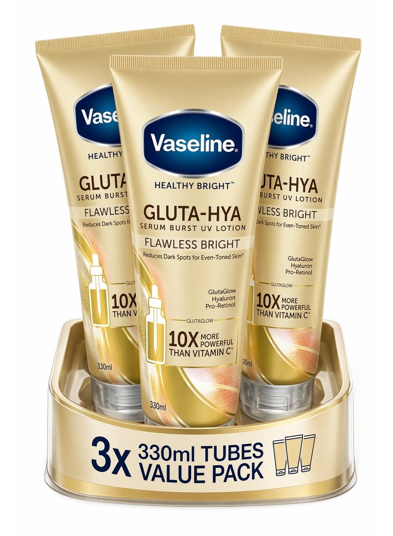 فازلين هيلثي برايت جلوتا-هيا فلوليس برايت سيروم برست يو في لوشن، عبوة من 3 × 330 مل | لوشن للجسم مُفتّح مع الجلوتاثيون وحمض الهيالورونيك | يُقلل البقع الداكنة ويُوحّد لون البشرة - Image 1