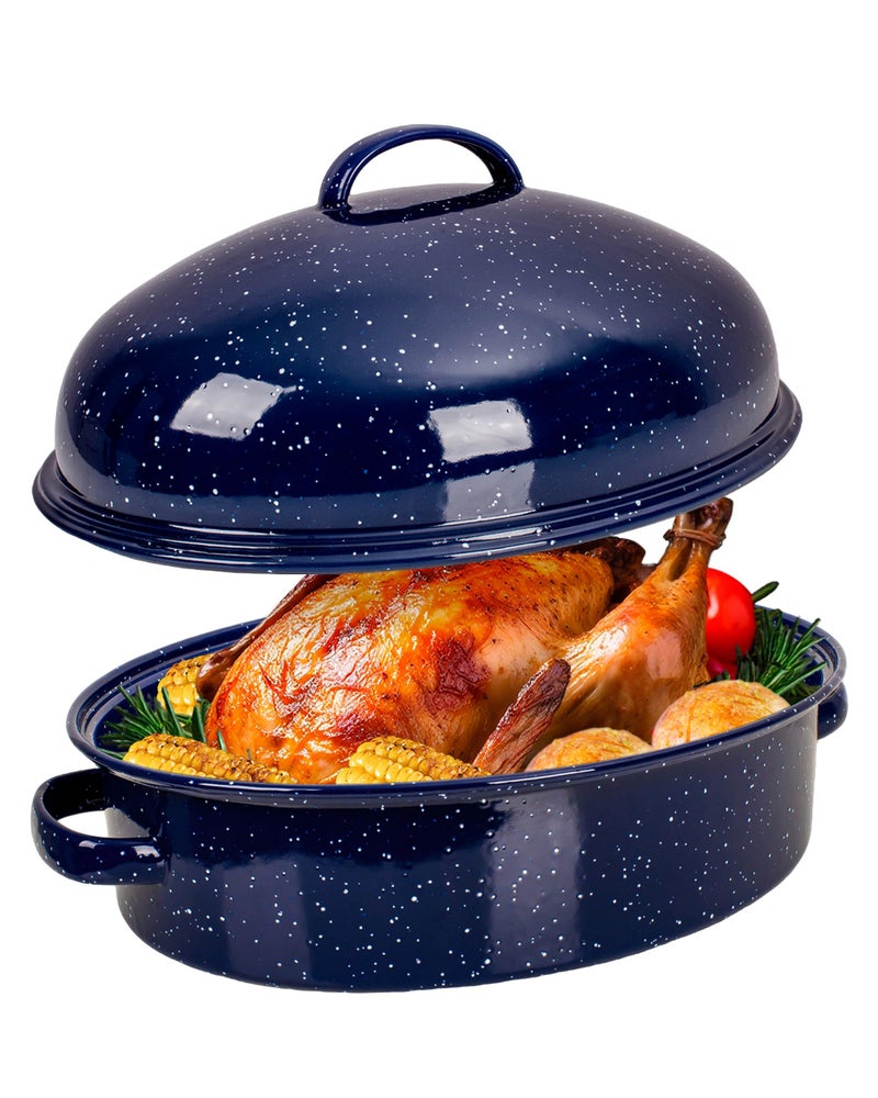 MCCSI Roasting Pan with Lid and Rack 18" Deep Large Oval Enamel Roaster Pan, Oven Dishwasher Safe Non-Stick Non-Toxic Roast Pot for Chicken Turkey Ham Steak Roasts & Bread Valentine Mother's Day Gift - Image 1