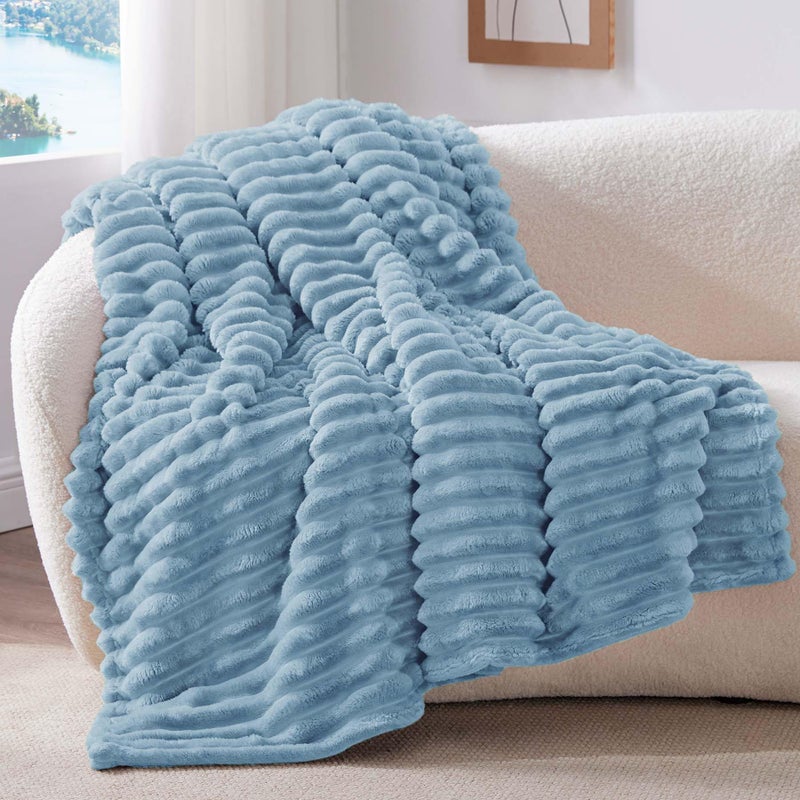 BEDELITE Fleece Throw Blanket for Couch - 300GSM Soft & Warm Fluffy Light Blue Blanket  Decorative and Giftable Striped Blankets for Women  Men  50""x70"" - Image 1
