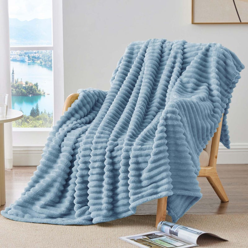 BEDELITE Fleece Throw Blanket for Couch - 300GSM Soft & Warm Fluffy Light Blue Blanket  Decorative and Giftable Striped Blankets for Women  Men  50""x70"" - Image 2