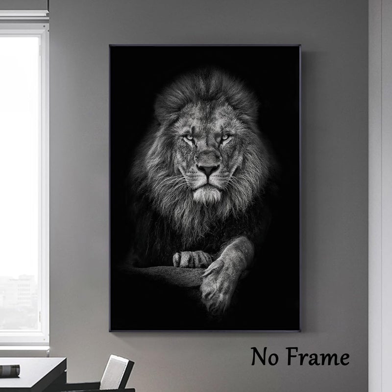 Wallvelart لوحة حائط قماشية لأسد أبيض وأسود، مطبوعات حيوانية، بورتريهات، لوحة حائط لرأس أسد، ملصقات حيوانية أبيض وأسود، عمل فني قماشي لبورتريه أسد، صور حيوانات برية، ديكور حائط، مقاس 16×24 بوصة بدون إطار - Image 5