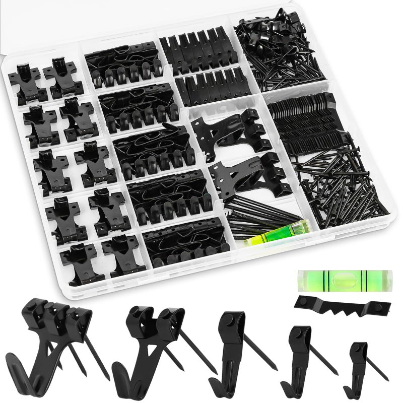 KURUI Picture Hangers 385Pcs Picture Hanging Kit with Heavy Duty Picture Hanging Hooks Sawtooth Hardware Nails and Picture Hanging Tool Wall Hangers for Frame Painting Art Photo Black