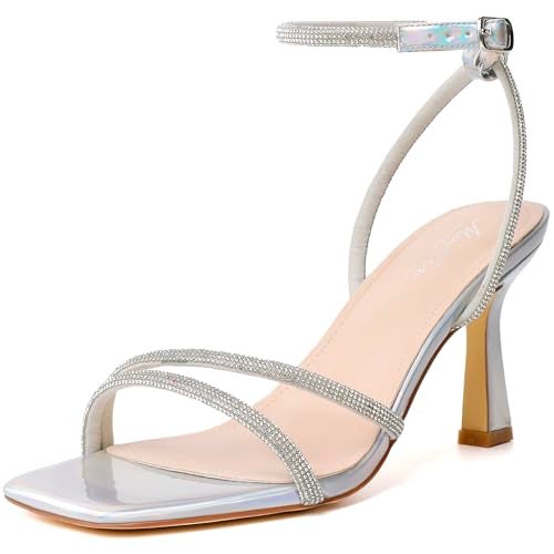 Mostrin Silver Strappy Rhinestone Heels for Women Ankle Strap Lace Up Square Open Toe Heels Stiletto High Heeled Sandals for Wedding, Prom, Party, Daily Size 7 - Image 1