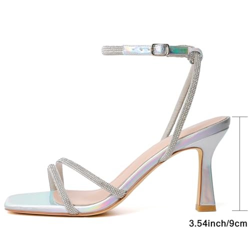 Mostrin Silver Strappy Rhinestone Heels for Women Ankle Strap Lace Up Square Open Toe Heels Stiletto High Heeled Sandals for Wedding, Prom, Party, Daily Size 7 - Image 5
