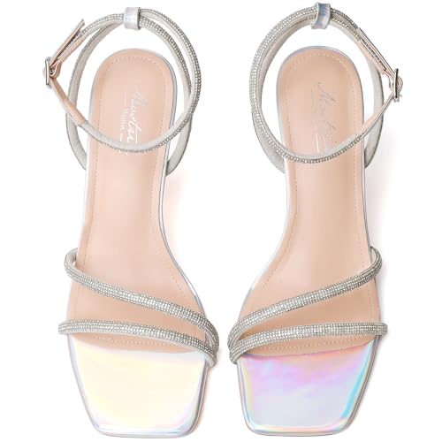 Mostrin Silver Strappy Rhinestone Heels for Women Ankle Strap Lace Up Square Open Toe Heels Stiletto High Heeled Sandals for Wedding, Prom, Party, Daily Size 7 - Image 4
