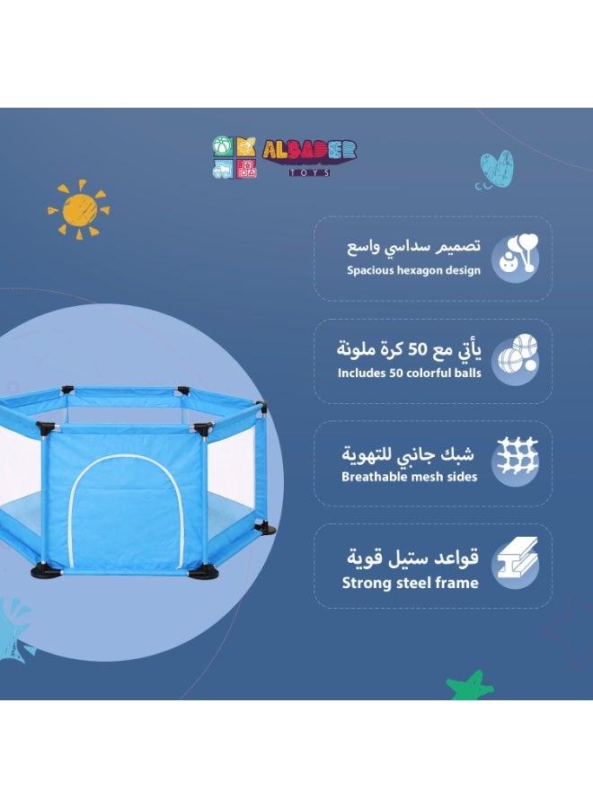 ALBADER Kids Playpen Circular with Strong Steel Base, Includes 50 Colorful Balls, Safe and Spacious Design for Crawling and Playing, Durable Non-Slip Frame, Front Zipper Door, Breathable Mesh Sides, High-Quality Fabric, Fun Ball Pool for Indoor Play - Image 3