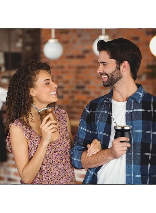 كوب يربا متة 8 أونصات، كوب متة من الستانلس ستيل ذو جدار مزدوج 304، كوب يربا متة عازل للحرارة، مجموعة أكواب الشاي تتضمن فرشاة تنظيف و2 بومبيلا (أسود) - Image 3