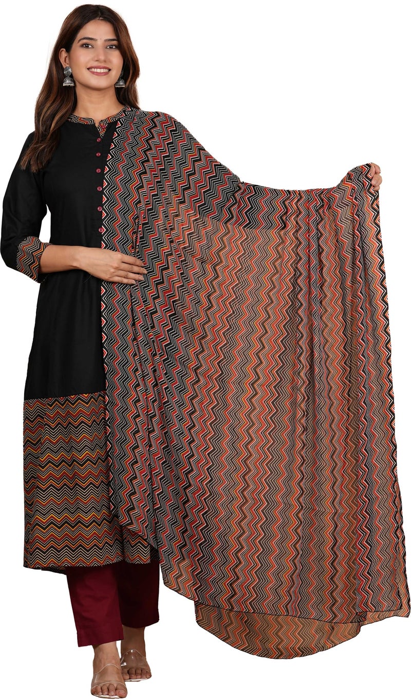 Yash Gallery Women's Rayon Calf Length Zig-Zag Printed 3/4Th Sleeve Regular Fitted Black A-Line Kurta Set With Zig-Zag Printed Dupatta (Black, 8XL) - Image 1