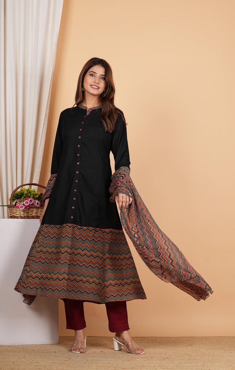 Yash Gallery Women's Rayon Calf Length Zig-Zag Printed 3/4Th Sleeve Regular Fitted Black A-Line Kurta Set With Zig-Zag Printed Dupatta (Black, 8XL) - Image 3