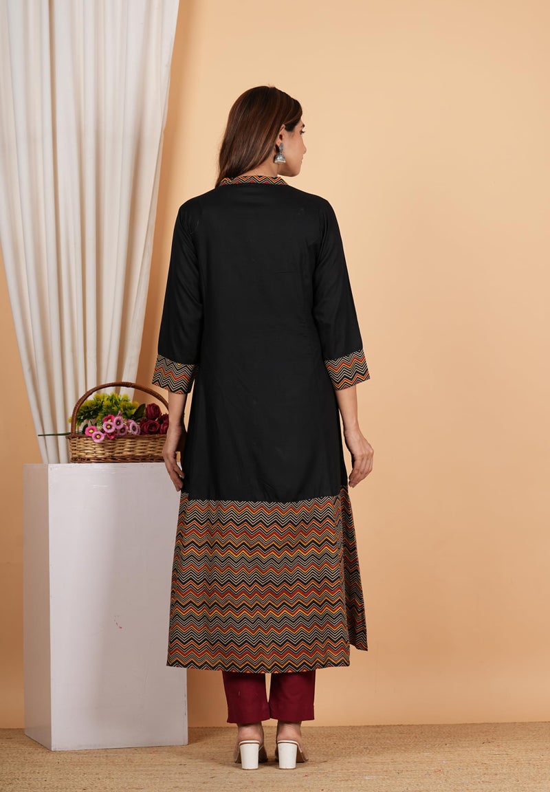 Yash Gallery Women's Rayon Calf Length Zig-Zag Printed 3/4Th Sleeve Regular Fitted Black A-Line Kurta Set With Zig-Zag Printed Dupatta (Black, 8XL) - Image 4