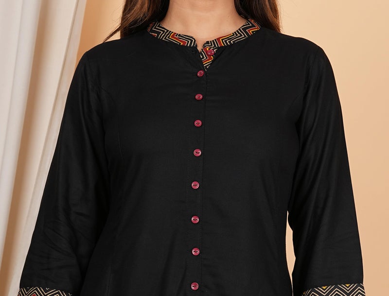 Yash Gallery Women's Rayon Calf Length Zig-Zag Printed 3/4Th Sleeve Regular Fitted Black A-Line Kurta Set With Zig-Zag Printed Dupatta (Black, 8XL) - Image 5