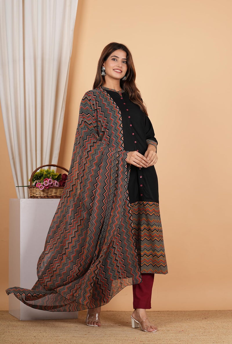 Yash Gallery Women's Rayon Calf Length Zig-Zag Printed 3/4Th Sleeve Regular Fitted Black A-Line Kurta Set With Zig-Zag Printed Dupatta (Black, 8XL) - Image 2