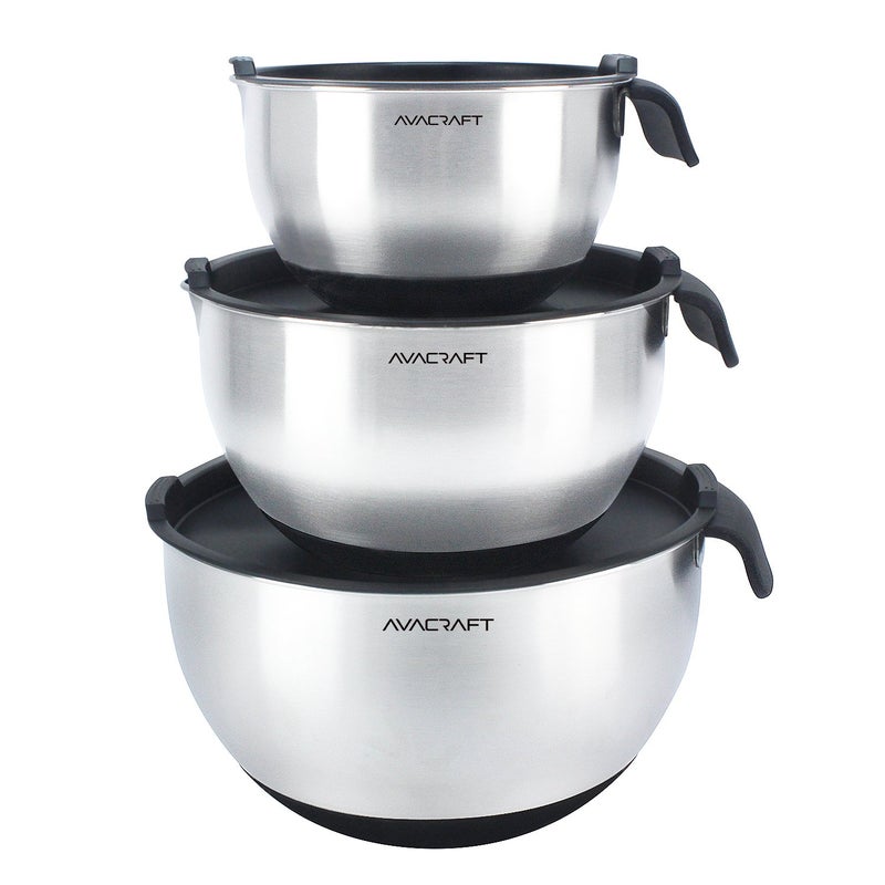 أفاكرافت أوعية خلط من الفولاذ المقاوم للصدأ 18/10 من Avacraft مع أغطية قاعدة من السيليكون غير قابلة للانزلاق مع مجموعة أوعية خلط بمقبض مع فوهة صب وعلامات قياس أوعية الطبخ الأساسية للمنزل (أسود) - Image 1