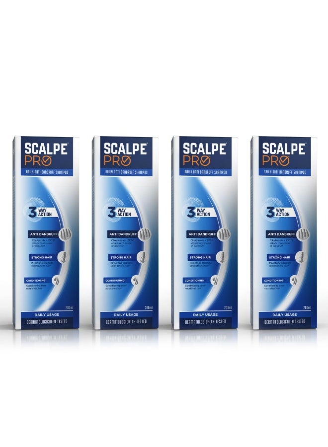 Scalpe Pro Daily Anti-Dandruff Shampoo | Removes Dandruff from Source | Helps with Itching, Irritation & Redness accompanying Dandruff | Scalpe Science | Climbazole & ZPTO Formulation | Strong & Smooth Hair | Daily Use | Dermatologically Tested Solution | For Women & Men | 200ml | Pack of 4 - Image 1
