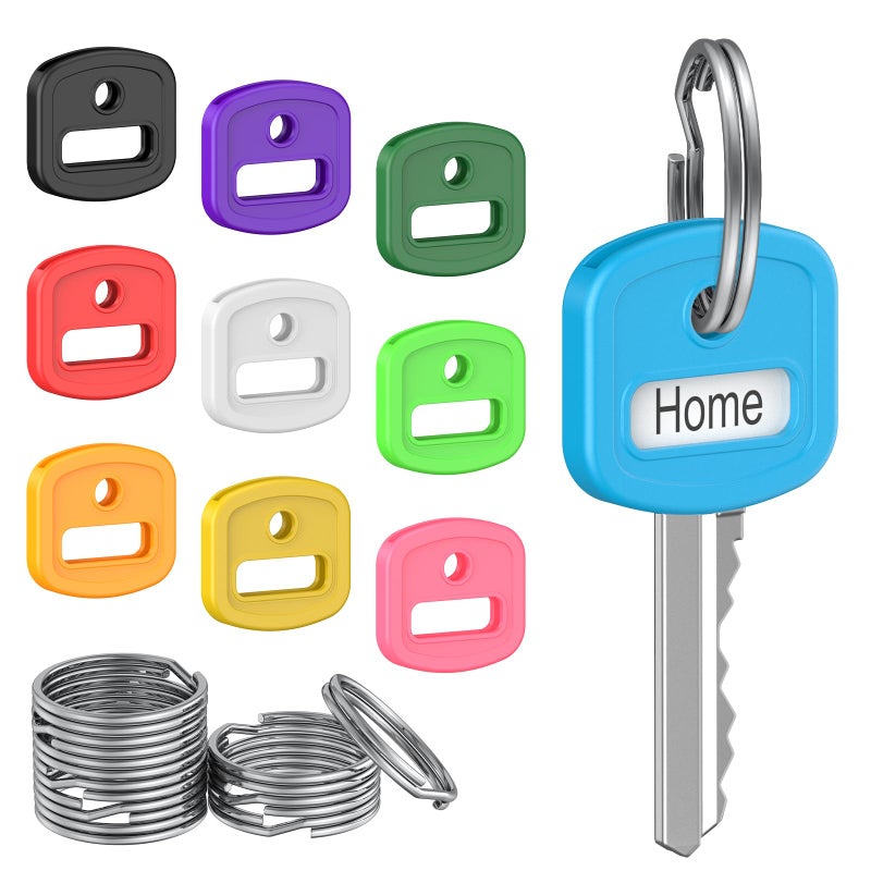 Uniclife 10 Pcs Key Covers Caps, 1" Key Identifiers with Labels, Soft Stretchy Key Covers for House Key, Cute Key Head Protectors for Standard Keys (Not for Odd-Shaped Keys), 10 Colors - Image 1