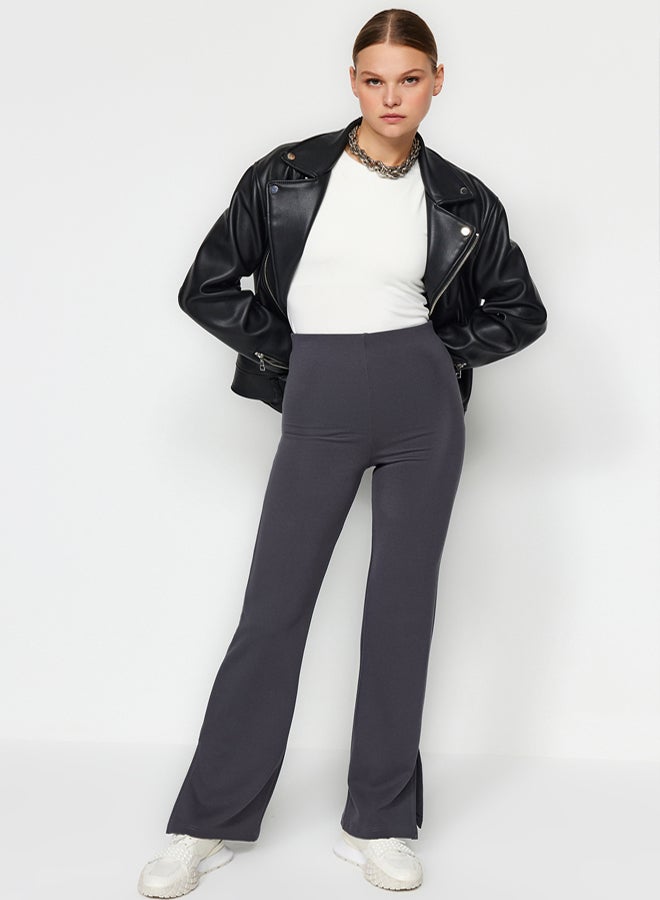 trendyol Anthracite Side Slits Flare/Spanish Leg High Waist Knitted Trousers - Image 1