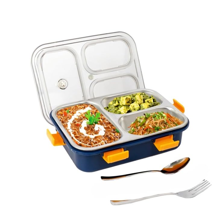 STOFFIER GARTEN Lunch Box for Kids Adults Men Office Leakage Proof Stainless Steel Lunch Box with Fork Spoon Lid 3 Compartment Container Lunch Box for School Kids and Adults 750ml - Image 1