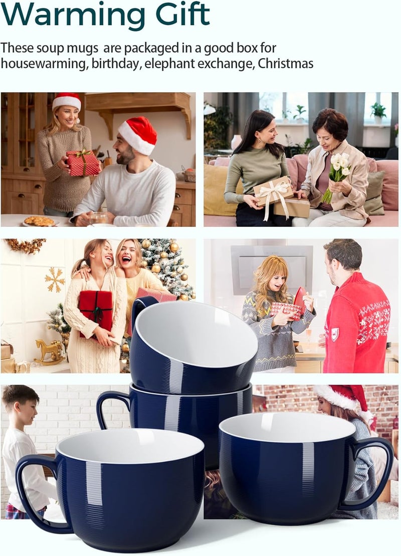 Teocera Porcelain Coffee Mugs Soup Mugs Bowls with Handle 24 oz Latte Mugs Set of 4  Striped Design Navy - Image 3