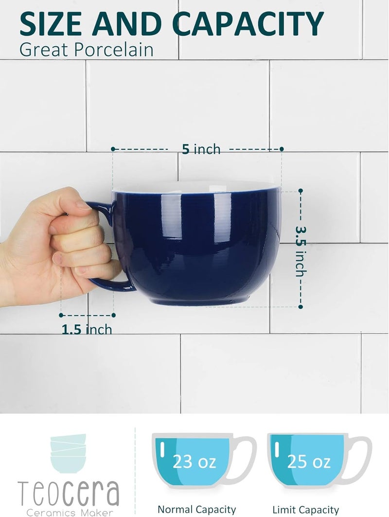 Teocera Porcelain Coffee Mugs Soup Mugs Bowls with Handle 24 oz Latte Mugs Set of 4  Striped Design Navy - Image 2