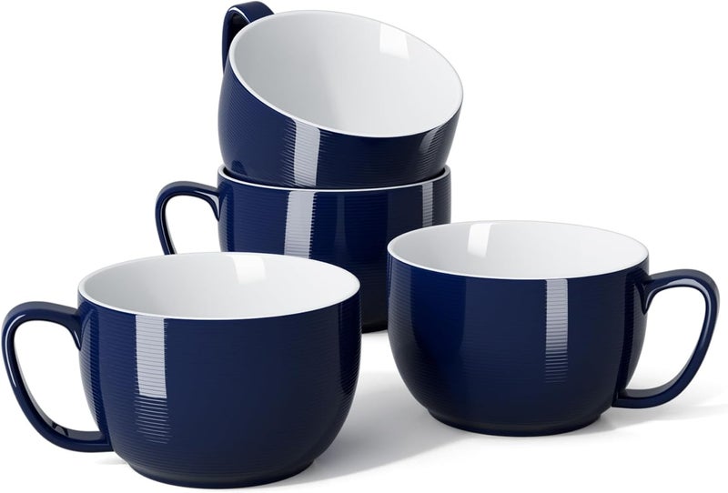 Teocera Porcelain Coffee Mugs Soup Mugs Bowls with Handle 24 oz Latte Mugs Set of 4  Striped Design Navy - Image 1