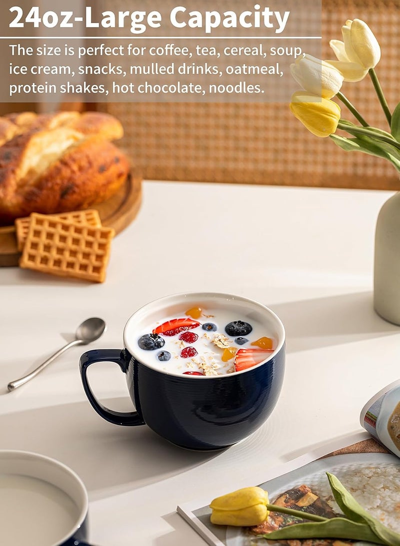Teocera Porcelain Coffee Mugs Soup Mugs Bowls with Handle 24 oz Latte Mugs Set of 4  Striped Design Navy - Image 5