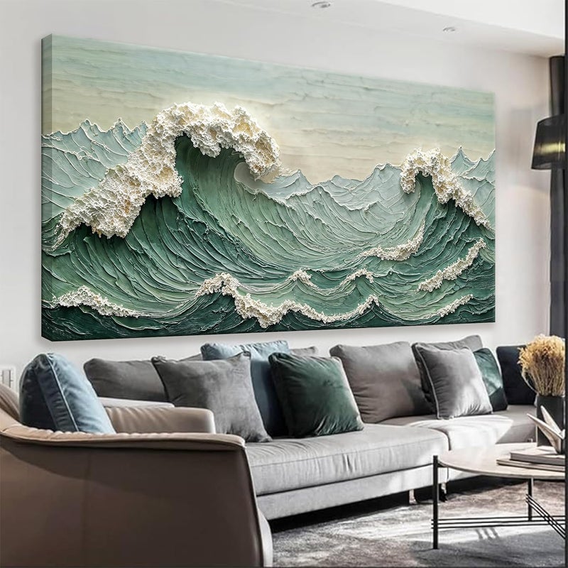 ARS Canvas Framed Sea Wave Abstract Wall Art Small Size Modern Green Canvas Wall Art Decor Painting Artwork Abstract Wall Decor Print Picture For Bedroom Office Home Decoration - Image 1