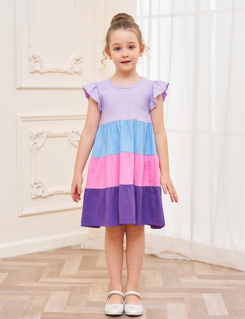 Bumeex Kids Big Girl Summer Dress Cotton Pocket Easter Ruffle Short Sleeve Tiered Swing Twirly Casual Sundress Dresses for Girls Clothes Outfits Clothing Color Block Lilac 10-11 Years - Image 2