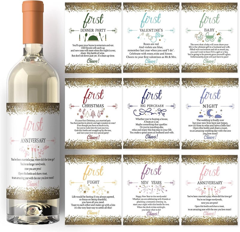 SUPERDANT 18PCS Wedding First Anniversary Wine Labels for Bottles 2 Sets 9 Styles Marriage Milestones Wine Bottle Decoration for Anniversary Wedding Champagne Bottle Cover DIY Gift - Image 1