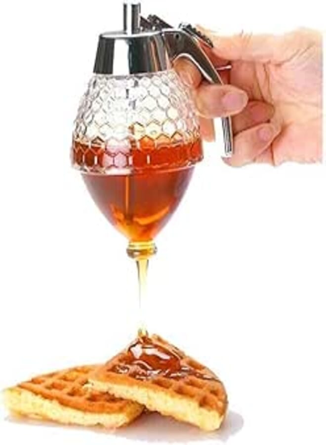 Delfino Honey Pot, DELFINO Honey Dispenser No Drip Glass Bottom Flow Honey Dispense Maple Syrup Dispenser Glass Beautiful Honey Comb Shaped Honey Pot Honey Jar with Stand, Great Bee Decor for Syrup, Sauces
