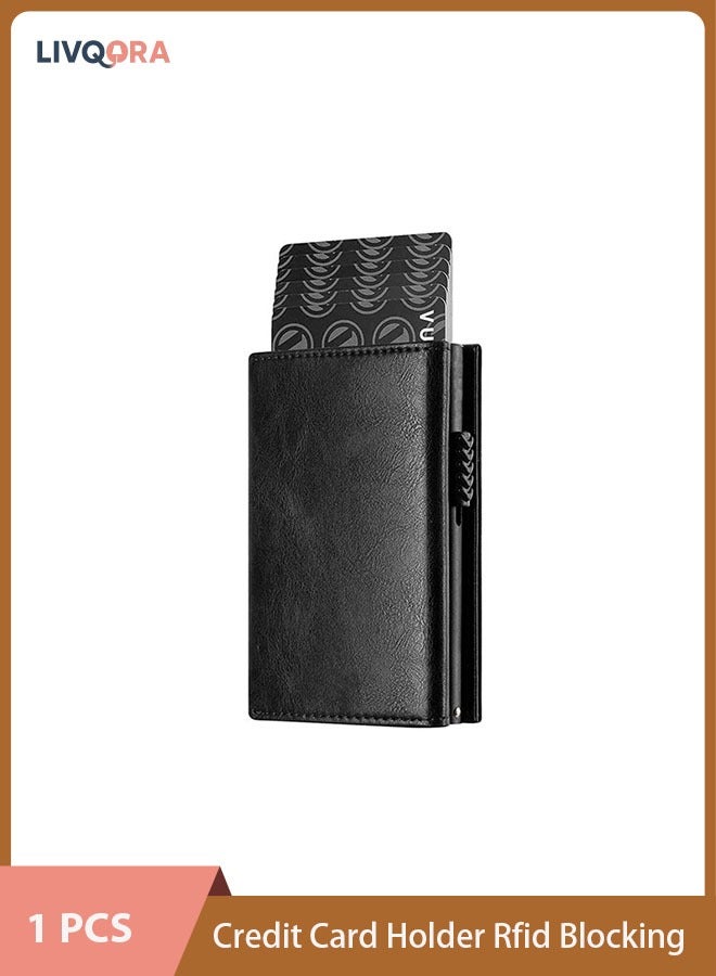 ليفقورا حامل بطاقات الائتمان مضاد للسرقة RFID مصنوع من الجلد الطبيعي مع مقصورة للأوراق النقدية، نافذة للهوية، جيب للعملات المعدنية وإغلاق مغناطيسي - هدية للرجال (10.2 * 7 سم) - اللون الأسود - Image 1
