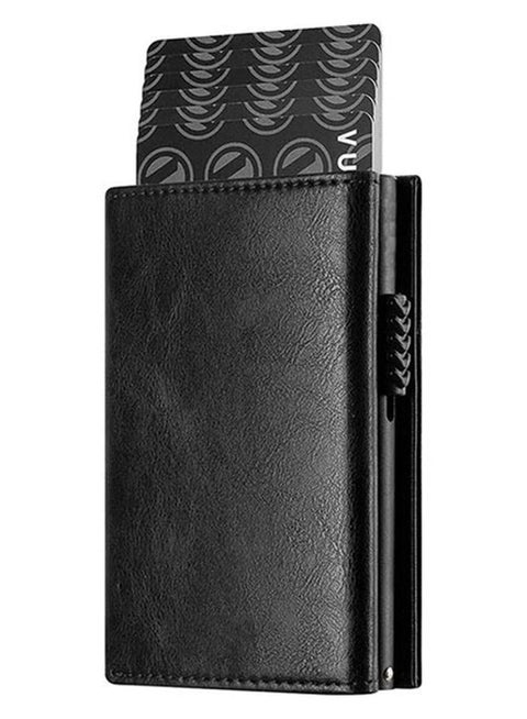 Credit Card Holder Rfid Blocking Genuine Leather Pop Up Anti Theft Card Wallet With Banknote Compartment, Id Window, Coin Pocket And Magnetic Closure For Men Gifts(10.2 * 7cm)Black