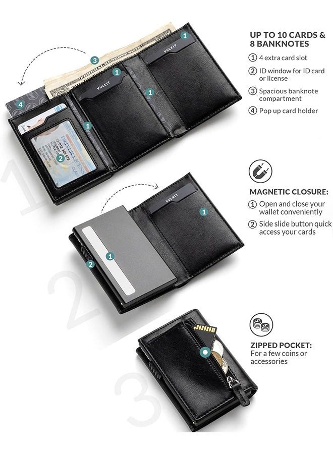 حامل بطاقات الائتمان مضاد للسرقة RFID مصنوع من الجلد الطبيعي مع مقصورة للأوراق النقدية، نافذة للهوية، جيب للعملات المعدنية وإغلاق مغناطيسي - هدية للرجال (10.2 * 7 سم) - اللون الأسود - Image 2