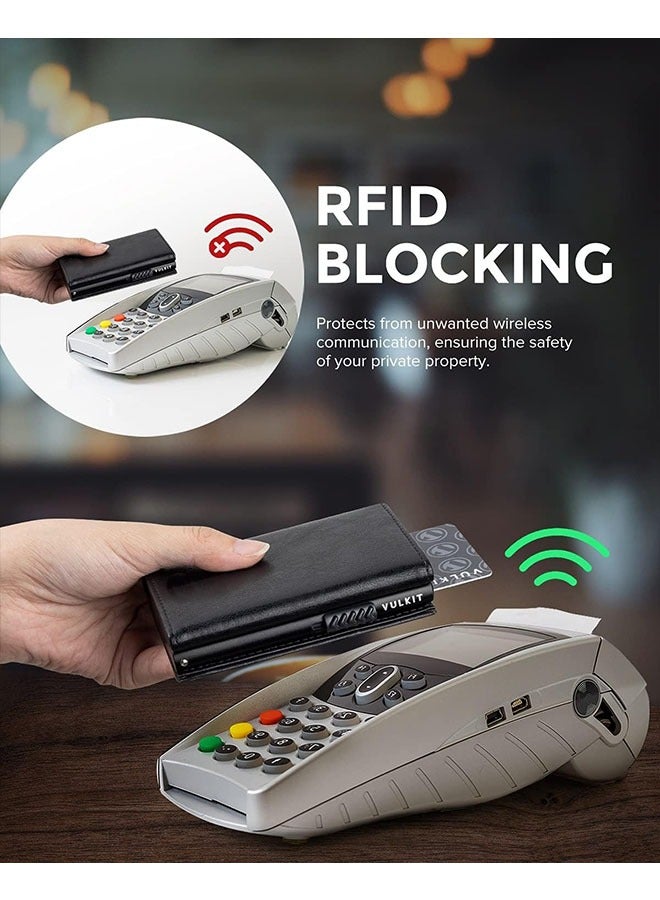 حامل بطاقات الائتمان مضاد للسرقة RFID مصنوع من الجلد الطبيعي مع مقصورة للأوراق النقدية، نافذة للهوية، جيب للعملات المعدنية وإغلاق مغناطيسي - هدية للرجال (10.2 * 7 سم) - اللون الأسود - Image 4