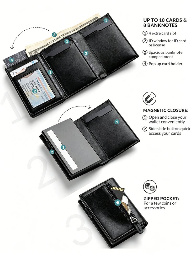 LIVQORA Credit Card Holder Rfid Blocking Genuine Leather Pop Up Anti Theft Card Wallet With Banknote Compartment, Id Window, Coin Pocket And Magnetic Closure For Men Gifts(10.2 * 7cm)Black - Image 3