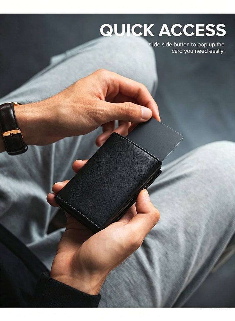 LIVQORA Credit Card Holder Rfid Blocking Genuine Leather Pop Up Anti Theft Card Wallet With Banknote Compartment, Id Window, Coin Pocket And Magnetic Closure For Men Gifts(10.2 * 7cm)Black - Image 2