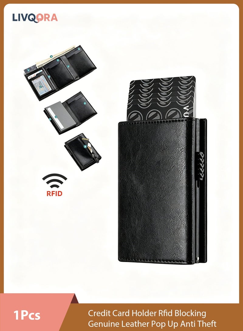 LIVQORA Credit Card Holder Rfid Blocking Genuine Leather Pop Up Anti Theft Card Wallet With Banknote Compartment, Id Window, Coin Pocket And Magnetic Closure For Men Gifts(10.2 * 7cm)Black - Image 1