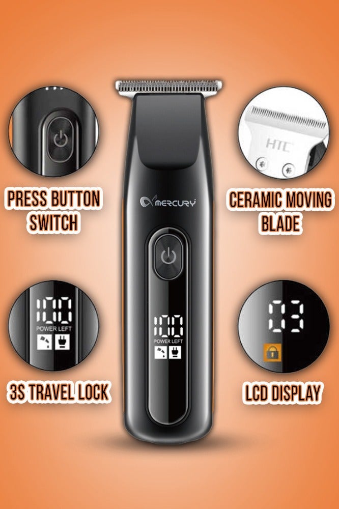 ميركيري ماكينة قص شعر قابلة لإعادة الشحن - شفرة سيراميك دقيقة متحركة | شفرة على شكل حرف T لقص الشعر بحجم صفري | محرك قوي من سبائك الفضة PD | استخدام لاسلكي | مدة تشغيل تصل إلى ١٠٠ دقيقة | بطارية ليثيوم سريعة الشحن | قفل أمان لمدة ٣ ثوانٍ - Image 3