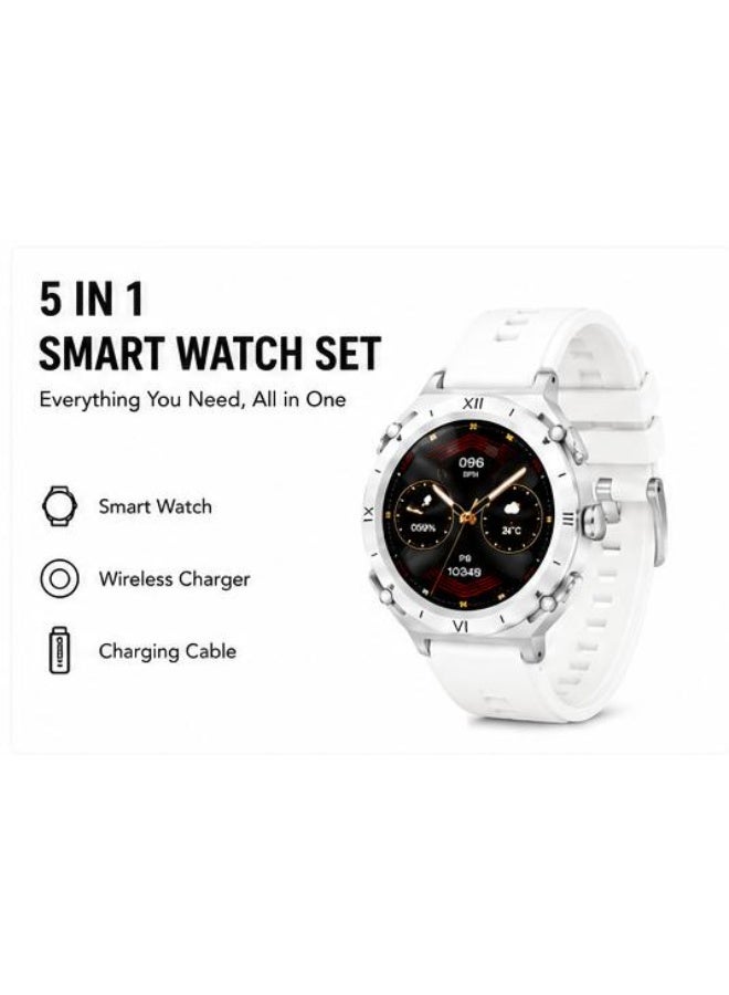 Lenyes 5 In 1 Smart Watch Set With Wireless Charger Charging Cable HD Display Fitness Tracker Bluetooth Smartwatch For Android iPhone White - Image 2